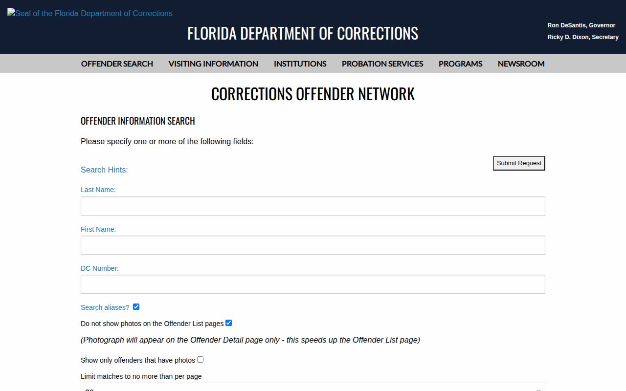 Florida corrections photo search for a Sumter County offender record
