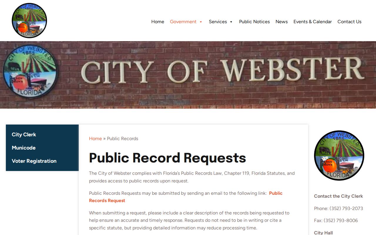Webster Florida public records page for city administrative records in Sumter County